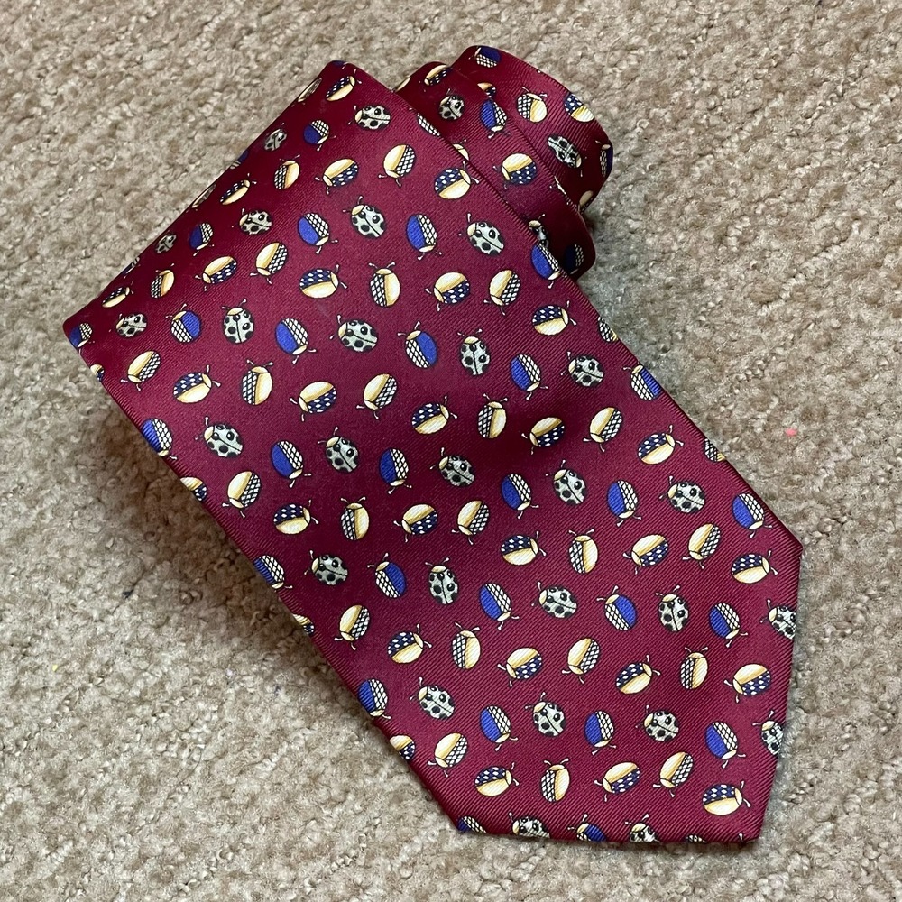 Brooks Brothers Makers Silk Tie USA Maroon Ladybug Print Novelty Business Preppy